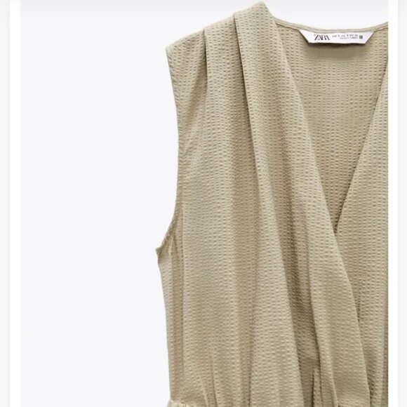 New Zara Textured Linen Blend V-Neck Sleeveless Belted Tan Jumpsuit NWT Small - Picture 7 of 15